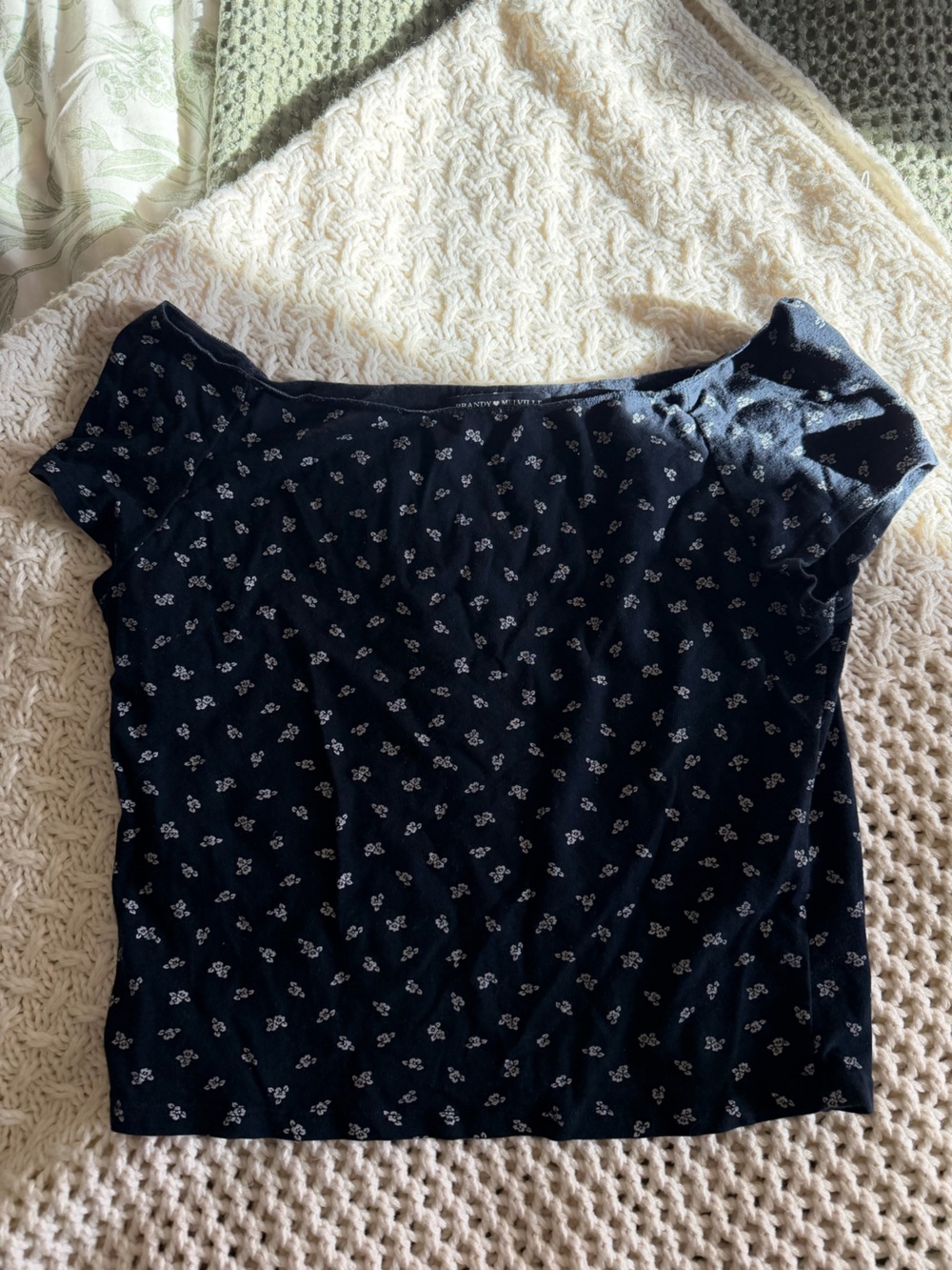 Brandy Melville Navy Top with Small White Floral Print